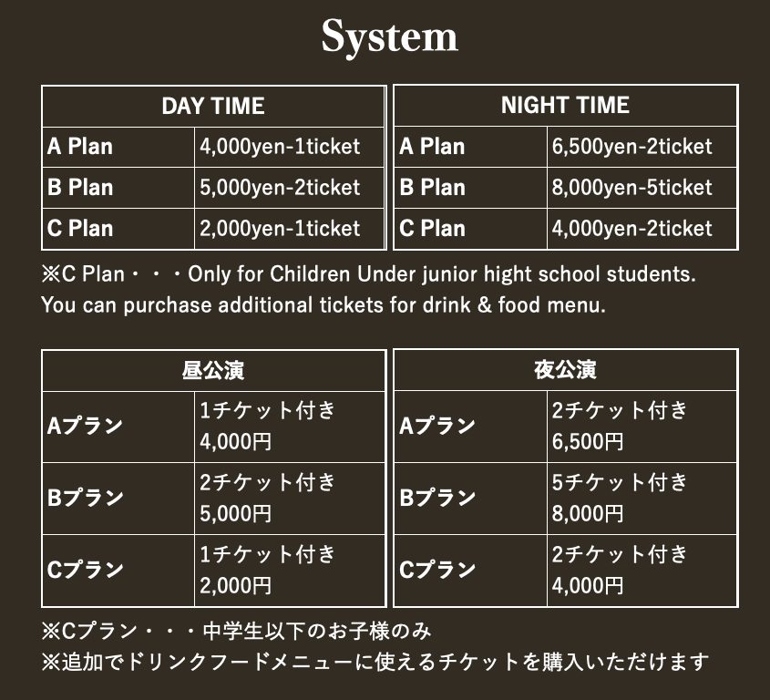 サムライロックレストランの料金システム