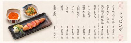 東京たらこスパゲティのトッピングメニュー